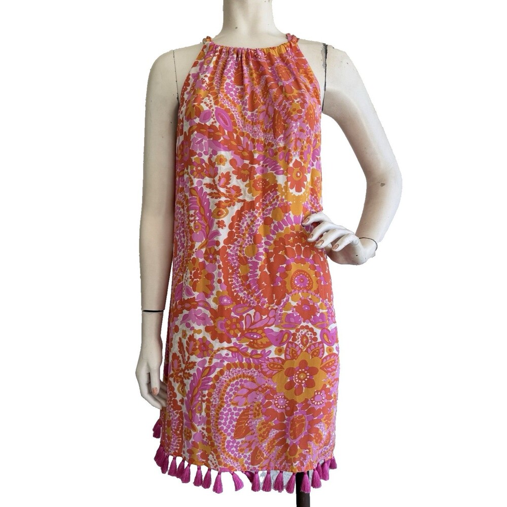 TRINA TURK Halter Dress 100% Silk Floral Print Tassel Hem Pink Boho Size 8